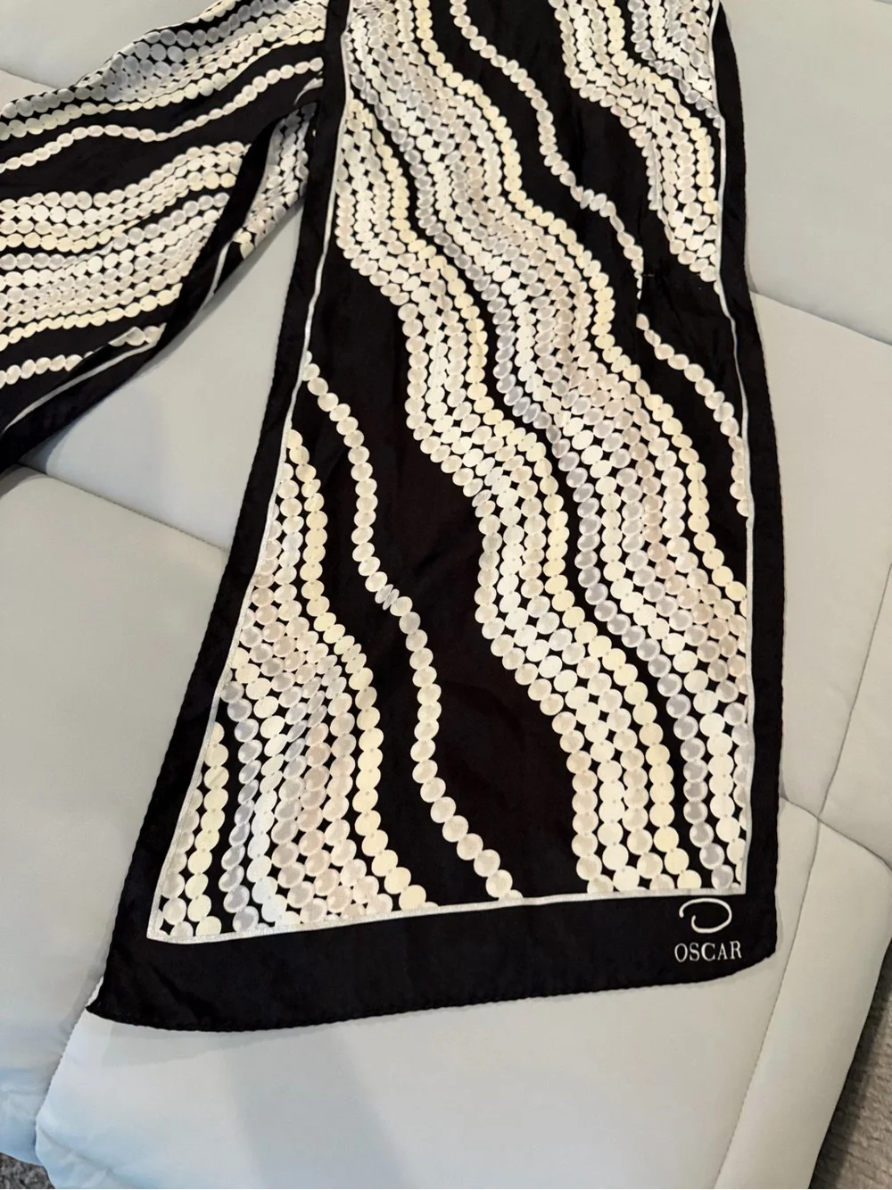 Vintage Oscar de la Renta black and white wavy pattern scarf with white circular